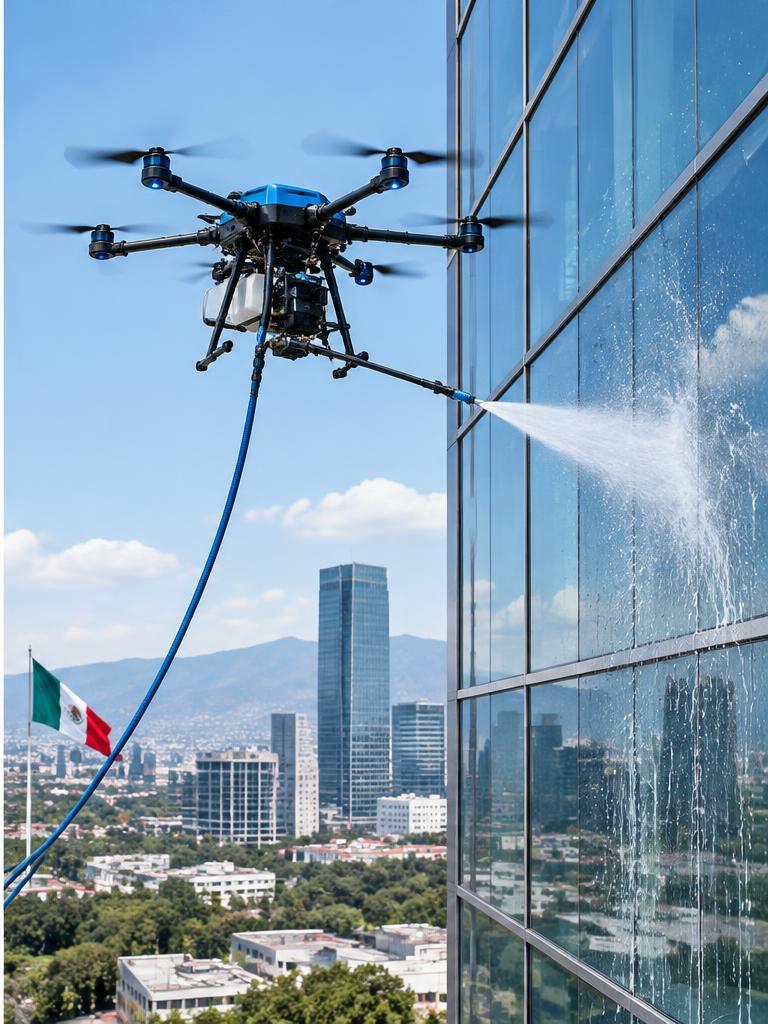 Drone de alta presión limpiando una fachada