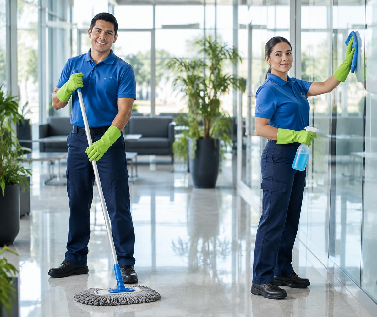Equipo de limpieza profesional en uniformes azules